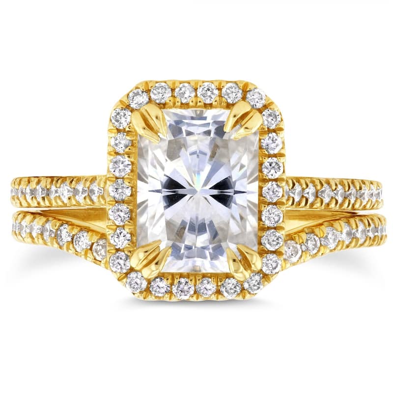 Annello by Kobelli 14k Yellow Gold 2 1/4ct TGW Radiant Cut Moissanite and Diamond Halo 2-Piece Bridal Set