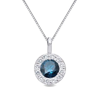 Auriya 1ctw Round Blue Diamond Halo Necklace 14k Gold (I1-I2)