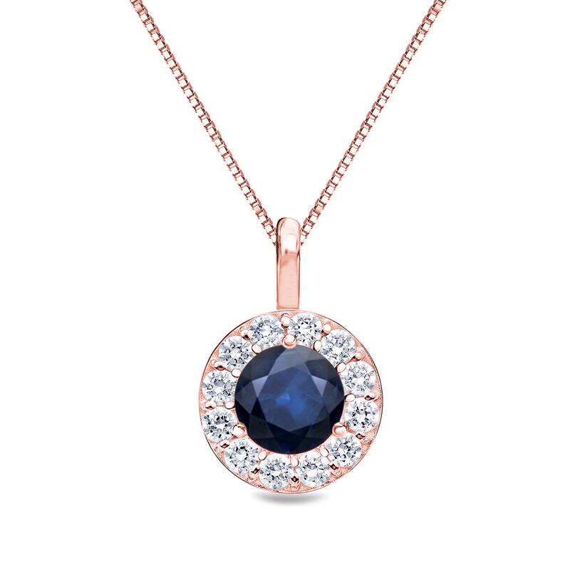 14k Gold Round 1/2ct Blue Sapphire and 1/4ct TDW Diamond Halo Necklace by Auriya