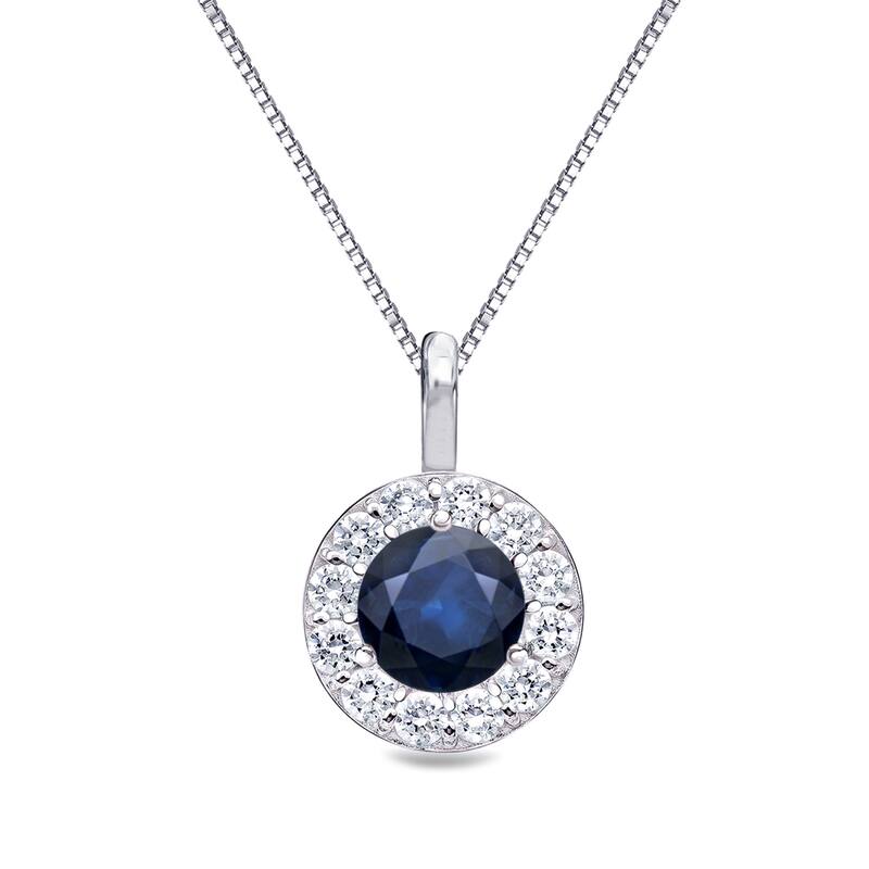 14k Gold Round 1/2ct Blue Sapphire and 1/4ct TDW Diamond Halo Necklace by Auriya