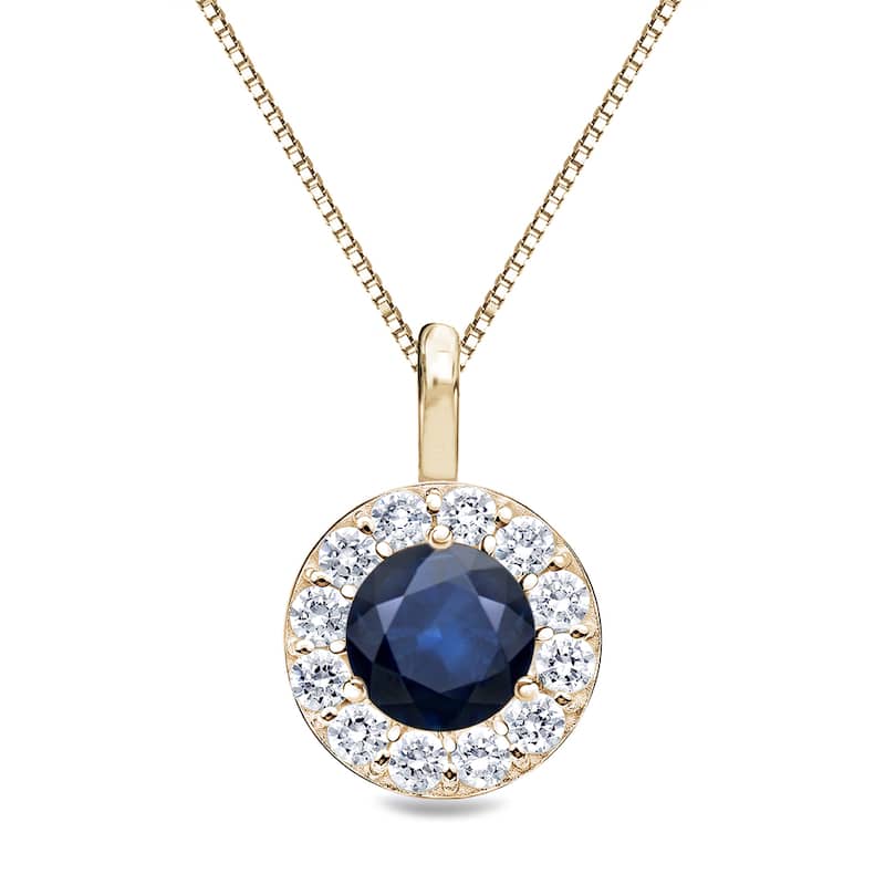 14k Gold Round 3/5ct Blue Sapphire and 2/5ct TDW Diamond Halo Necklace by Auriya