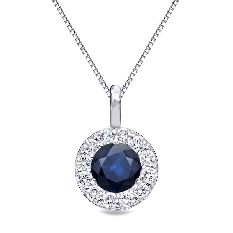 14k Gold Round 3/5ct Blue Sapphire and 2/5ct TDW Diamond Halo Necklace by Auriya