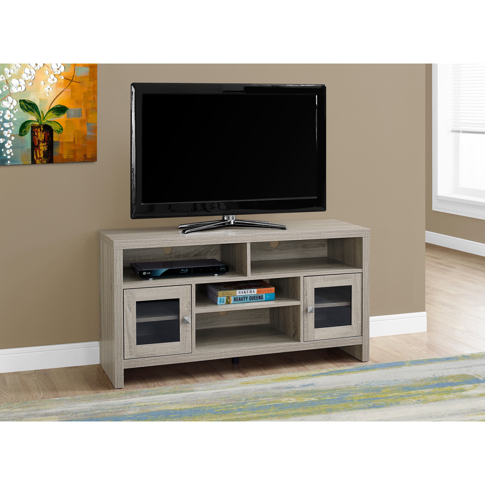 Shop Dark Taupe Mdf 48 Inch Tv Stand With Glass Doors Overstock