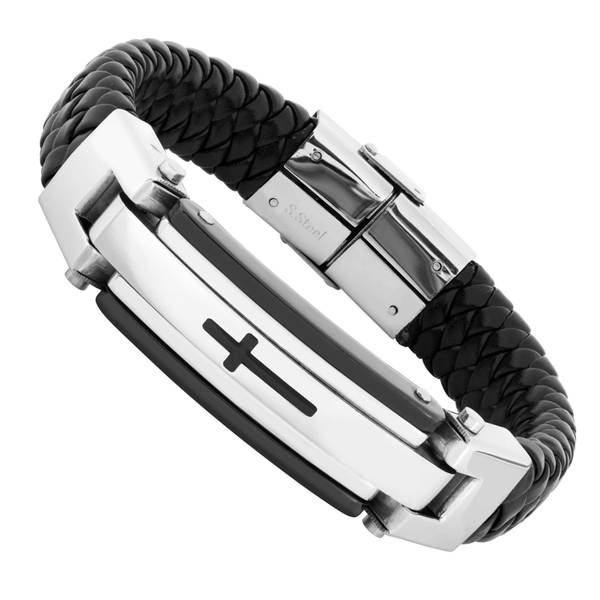 Men's Stainless Steel and Black Leather Cross Bracelet