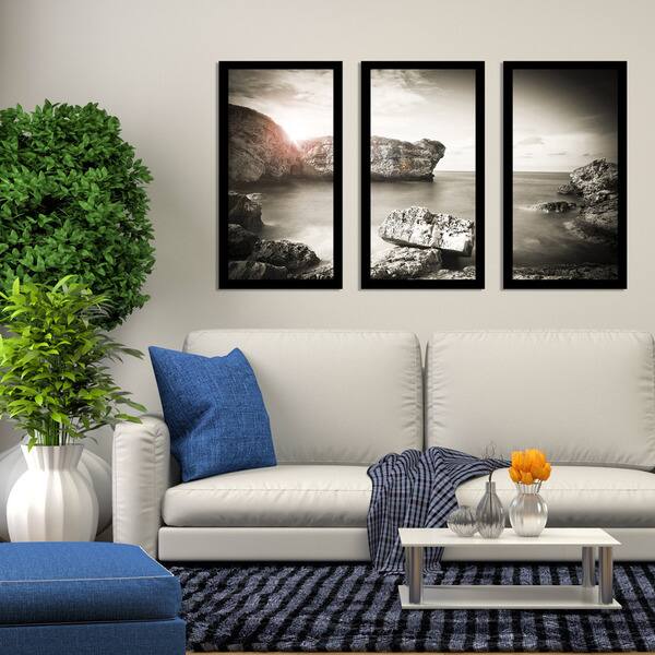 Shop Black White Ocean Sunset Framed Plexiglass Wall Art Set Of 3 On Sale Overstock 12850824