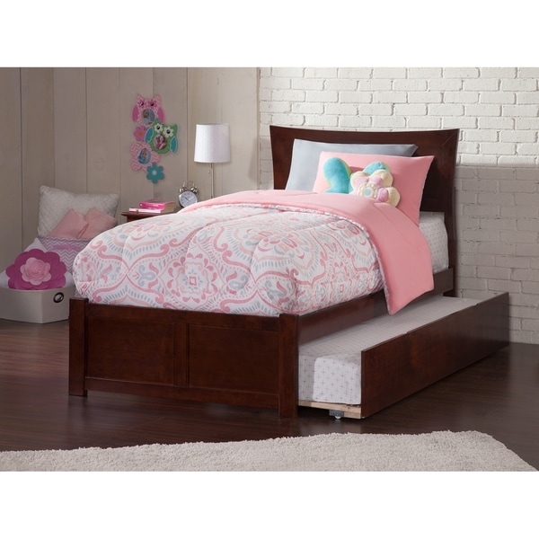 Metro Twin Platform Bed with Flat Panel Foot Board and Twin Size Urban Trundle Bed in Walnut