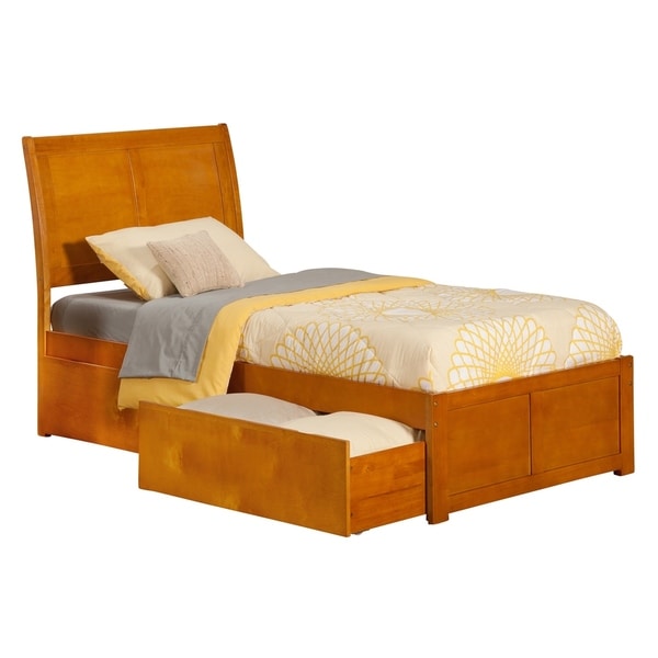 Portland Twin XL Platform Bed with Flat Panel Foot Board and 2 Urban Bed Drawers in Caramel