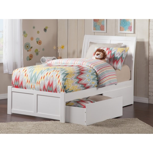 Portland Twin XL Platform Bed with Flat Panel Foot Board and 2 Urban Bed Drawers in White