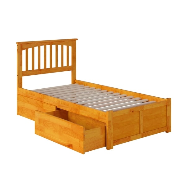 Mission Twin XL Platform Bed with Flat Panel Foot Board and 2 Urban Bed Drawers in Caramel
