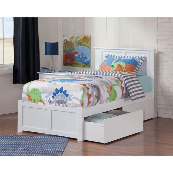 slide 1 of 7, Madison Twin Platform Bed with Flat Panel Foot Board and 2 Urban Bed Drawers in White