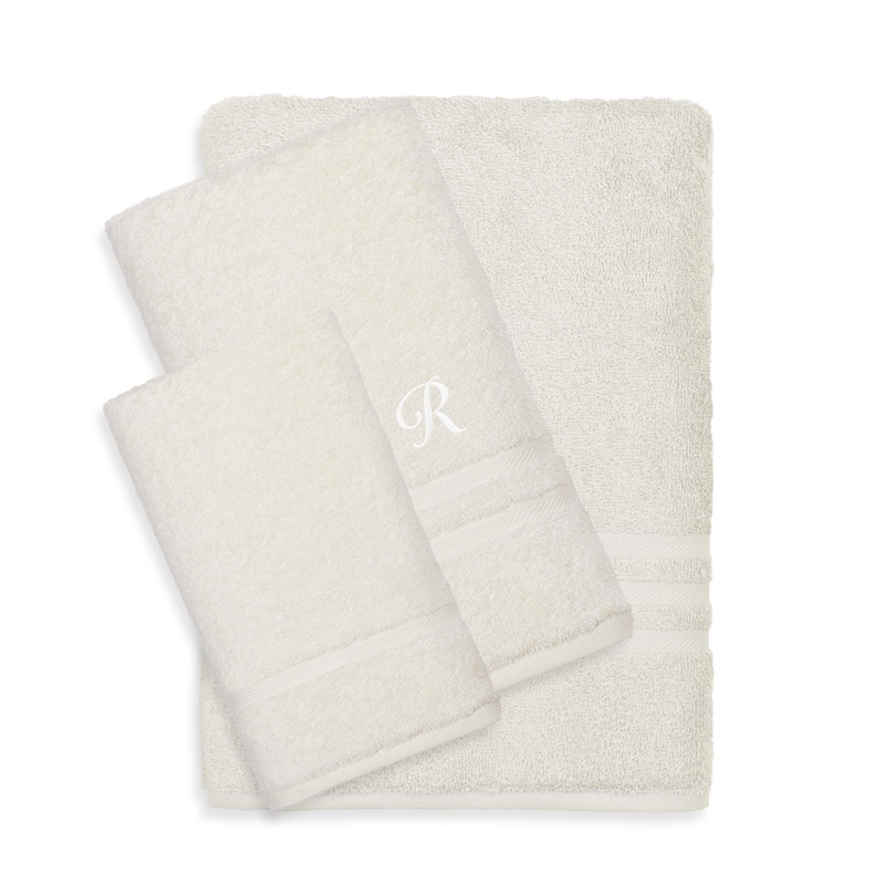 Hotel and Spa Omni Turkish Cotton Terry 3-piece Cream Bath Towel Set with White Script Monogrammed Initial