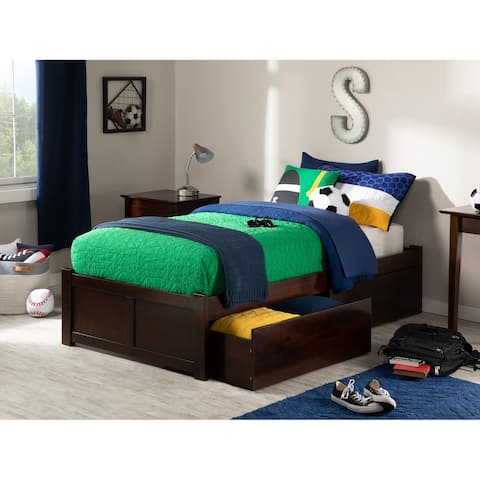 Concord Twin Platform Bed with Flat Panel Foot Board and 2 Urban Bed Drawers in Walnut