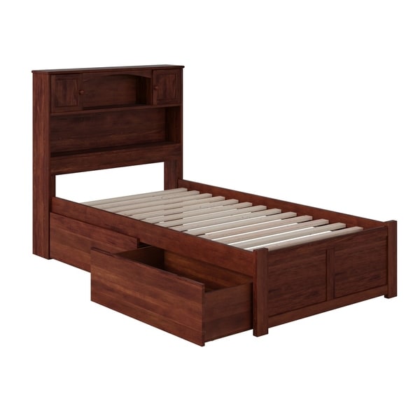 Newport Twin Platform Bed with Flat Panel Foot Board and 2 Urban Bed Drawers in Walnut