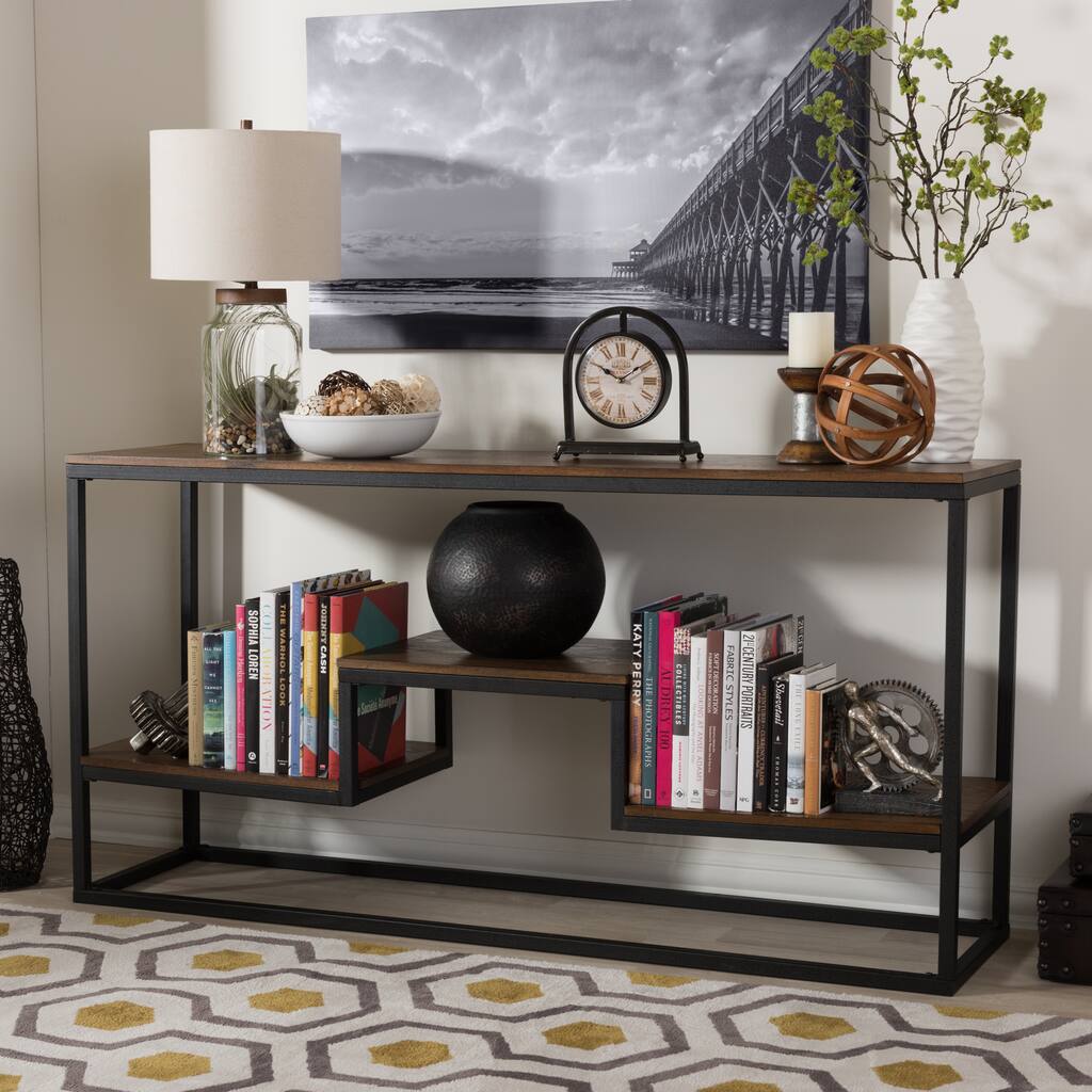 Baxton Studio Makedon Rustic Industrial Style Antique Black Textured Finished Metal Distressed Wood Console Table