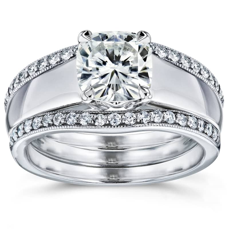 Annello by Kobelli 14k White Gold 1 2/5ct TGW Cushion Cut Moissanite Solitaire and Diamond Double Band (GH/VS, GH/I)
