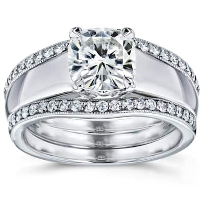 Annello by Kobelli 14k White Gold 1 2/5ct TGW Cushion Cut Moissanite Solitaire and Diamond Double Band (GH/VS, GH/I)