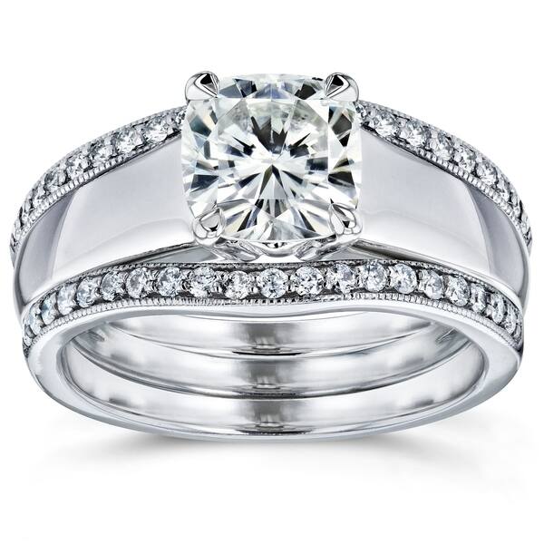 slide 1 of 7, Annello by Kobelli 14k White Gold 1 2/5ct TGW Cushion Cut Moissanite Solitaire and Diamond Double Band (GH/VS, GH/I)