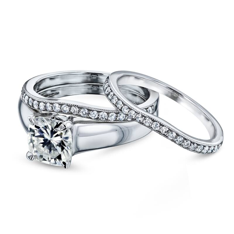 Annello by Kobelli 14k White Gold 1 2/5ct TGW Cushion Cut Moissanite Solitaire and Diamond Double Band (GH/VS, GH/I)