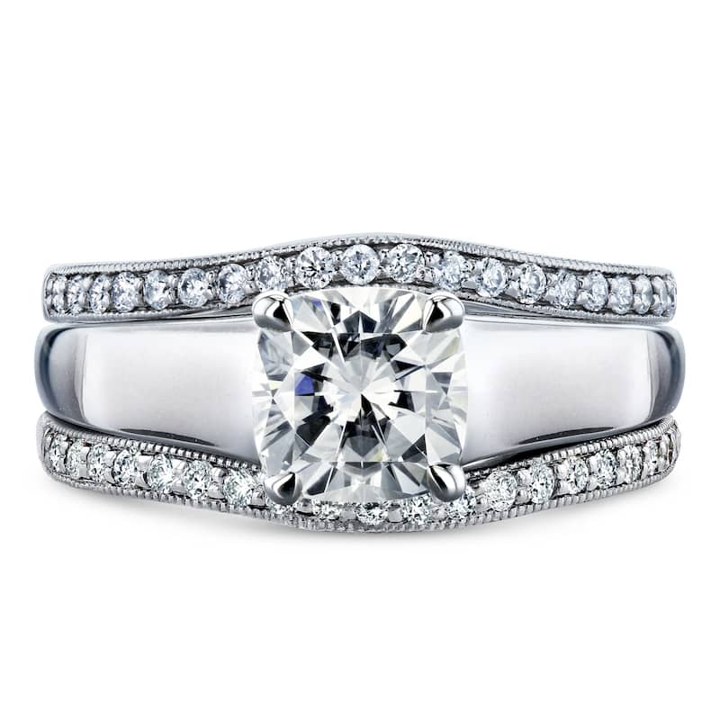 Annello by Kobelli 14k White Gold 1 2/5ct TGW Cushion Cut Moissanite Solitaire and Diamond Double Band (GH/VS, GH/I)