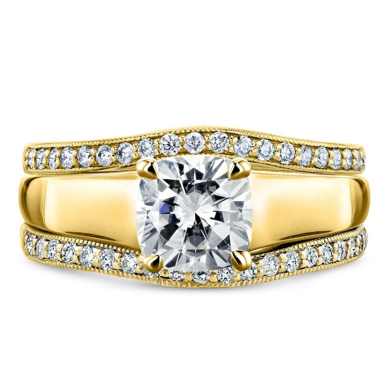 Annello by Kobelli 14k Yellow Gold 1 2/5ct TGW Cushion Cut Moissanite Solitaire and Diamond Double Band (GH/VS, GH/I)