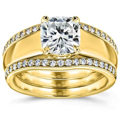 Annello by Kobelli 14k Yellow Gold 1 2/5ct TGW Cushion Cut Moissanite Solitaire and Diamond Double Band (GH/VS, GH/I)