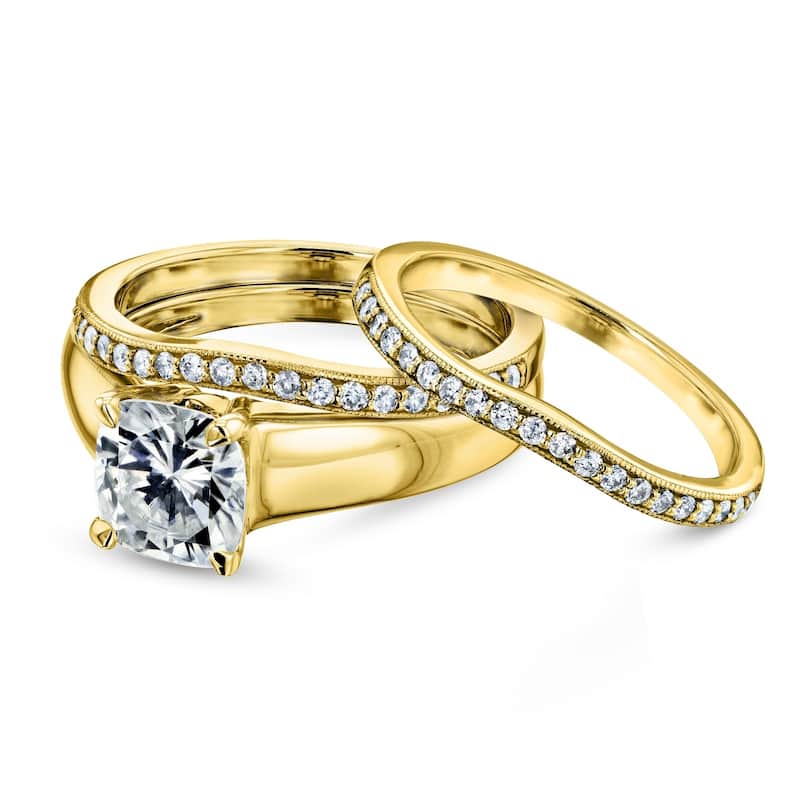 Annello by Kobelli 14k Yellow Gold 1 2/5ct TGW Cushion Cut Moissanite Solitaire and Diamond Double Band (GH/VS, GH/I)
