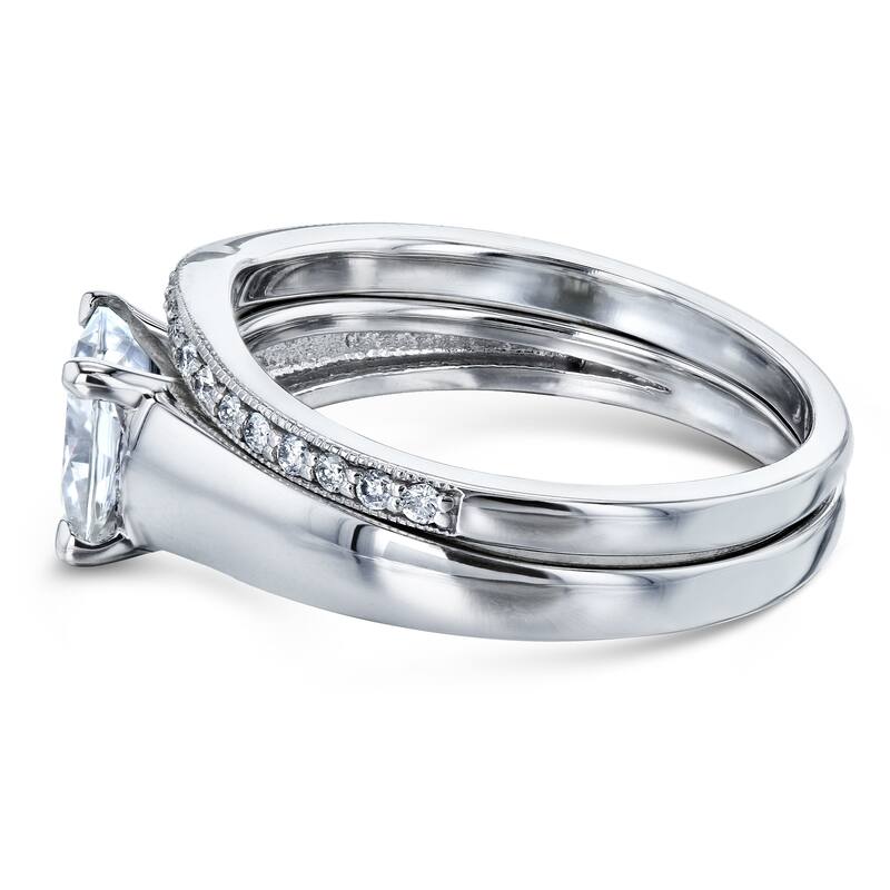 Annello by Kobelli 14k White Gold 1 1/4ct TGW Cushion Moissanite and Diamond Wide Band Wedding Rings (GH/VS, GH/I)