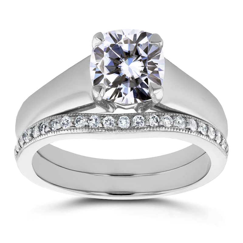 Annello by Kobelli 14k White Gold 1 1/4ct TGW Cushion Moissanite and Diamond Wide Band Wedding Rings (GH/VS, GH/I)