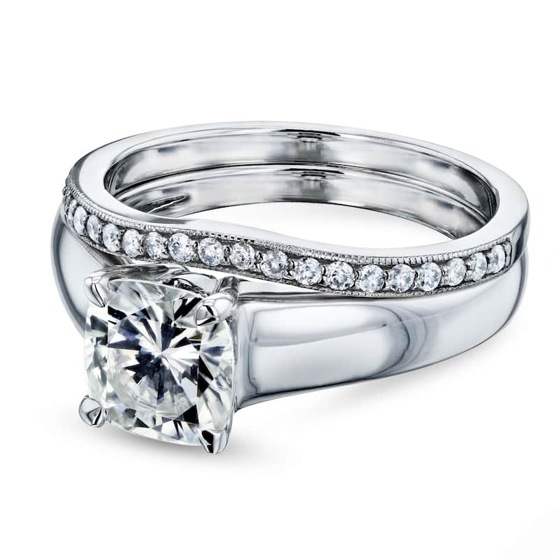 Annello by Kobelli 14k White Gold 1 1/4ct TGW Cushion Moissanite and Diamond Wide Band Wedding Rings (GH/VS, GH/I)