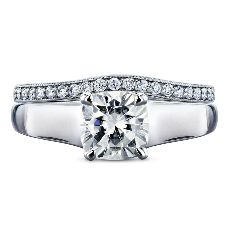 Annello by Kobelli 14k White Gold 1 1/4ct TGW Cushion Moissanite and Diamond Wide Band Wedding Rings (GH/VS, GH/I)
