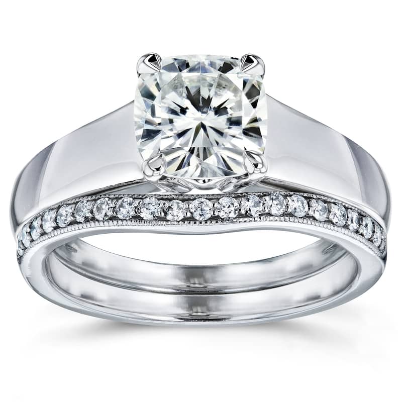 Annello by Kobelli 14k White Gold 1 1/4ct TGW Cushion Moissanite and Diamond Wide Band Wedding Rings (GH/VS, GH/I)