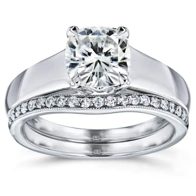 Annello by Kobelli 14k White Gold 1 1/4ct TGW Cushion Moissanite and Diamond Wide Band Wedding Rings (GH/VS, GH/I)