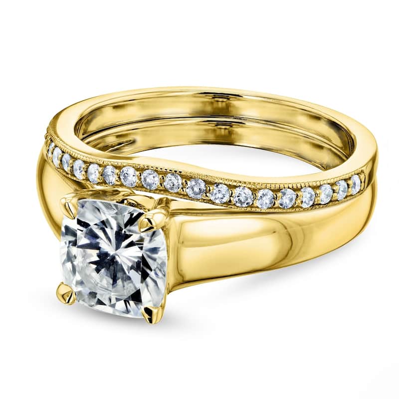 Annello by Kobelli 14k Yellow Gold 1 1/4ct TGW Cushion Moissanite and Diamond Wide Band Wedding Rings (GH/VS, GH/I)