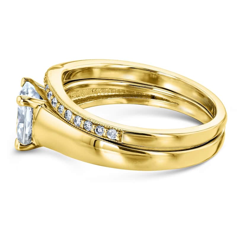 Annello by Kobelli 14k Yellow Gold 1 1/4ct TGW Cushion Moissanite and Diamond Wide Band Wedding Rings (GH/VS, GH/I)