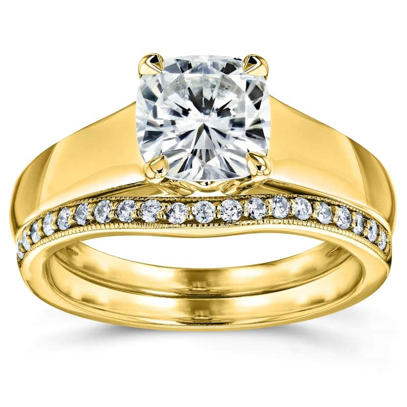 Annello by Kobelli 14k Yellow Gold 1 1/4ct TGW Cushion Moissanite and Diamond Wide Band Wedding Rings (GH/VS, GH/I)