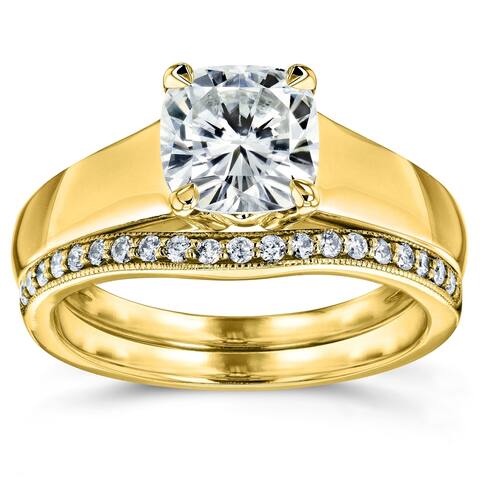 Annello by Kobelli 14k Yellow Gold 1 1/4ct TGW Cushion Moissanite and Diamond Wide Band Wedding Rings (GH/VS, GH/I)