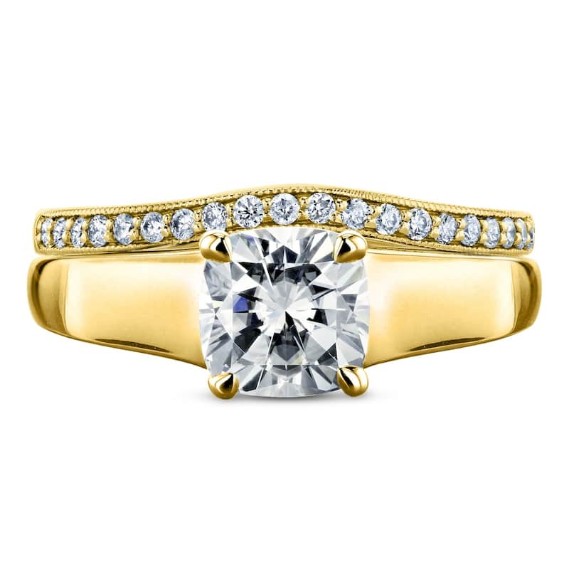 Annello by Kobelli 14k Yellow Gold 1 1/4ct TGW Cushion Moissanite and Diamond Wide Band Wedding Rings (GH/VS, GH/I)