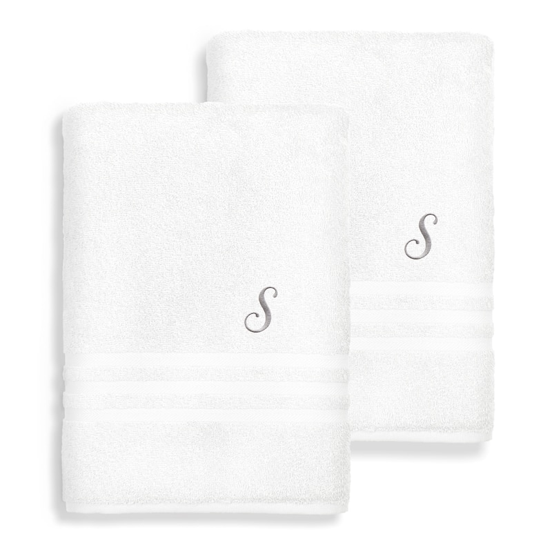 Authentic Hotel and Spa Omni Turkish Cotton Terry Set of 2 White Bath Towels with Grey Script Monogrammed Initial