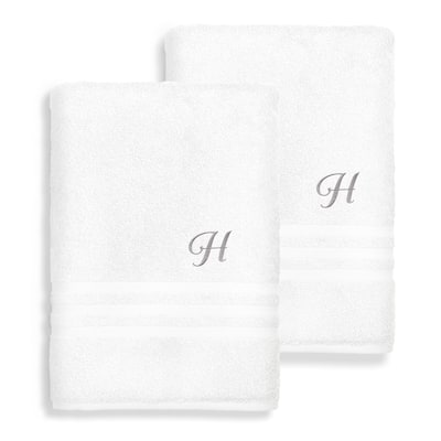 Authentic Hotel and Spa Omni Turkish Cotton Terry Set of 2 White Bath Towels with Grey Script Monogrammed Initial