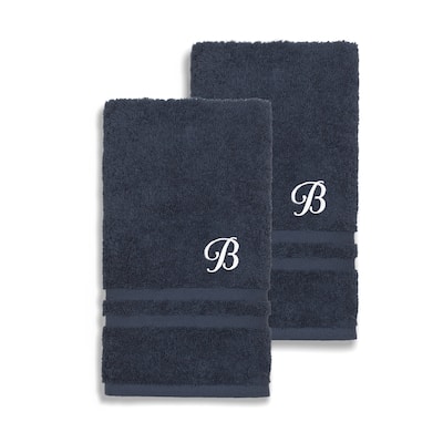 Authentic Hotel and Spa Omni Turkish Cotton Terry Set of 2 Navy Blue Hand Towels with White Script Monogrammed Initial