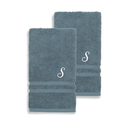 Authentic Hotel and Spa Omni Turkish Cotton Terry Set of 2 Medium Blue Hand Towels with White Script Monogrammed Initial