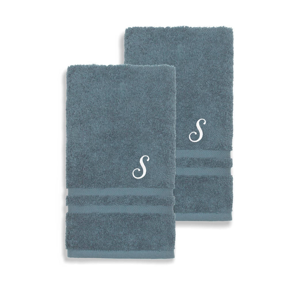 Authentic Hotel and Spa Omni Turkish Cotton Terry Set of 2 Medium Blue Hand Towels with White Script Monogrammed Initial