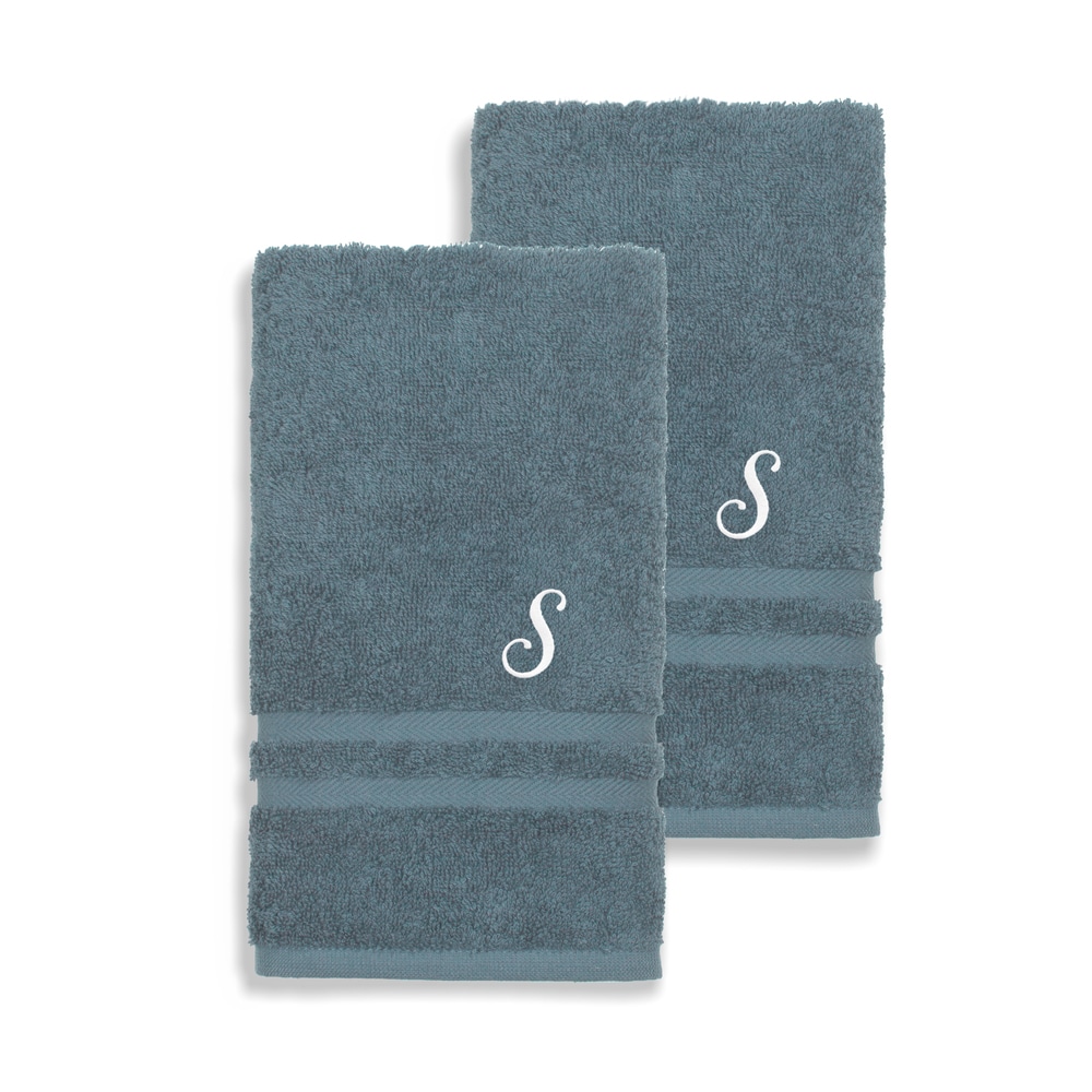 Authentic Hotel and Spa Omni Turkish Cotton Terry Set of 2 Medium Blue Hand Towels with White Script Monogrammed Initial