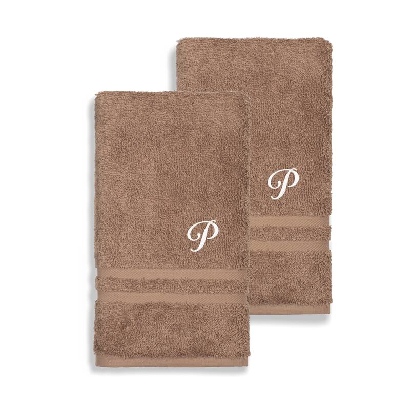 Authentic Hotel and Spa Omni Turkish Cotton Terry Set of 2 Latte Brown Hand Towels with White Script Monogrammed Initial