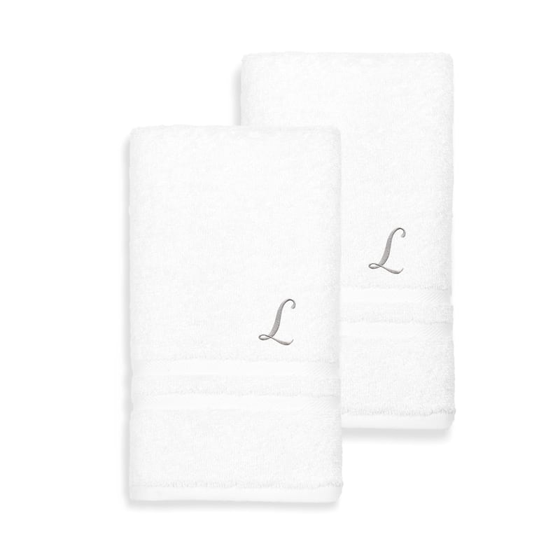 Authentic Hotel and Spa Omni Turkish Cotton Terry Set of 2 White Hand Towels with Grey Script Monogrammed Initial