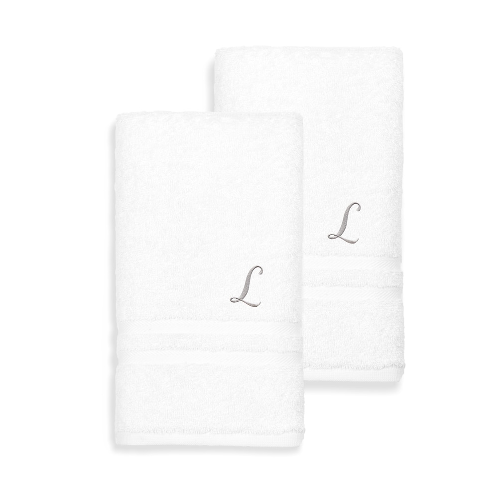 Authentic Hotel and Spa Omni Turkish Cotton Terry Set of 2 White Hand Towels with Grey Script Monogrammed Initial