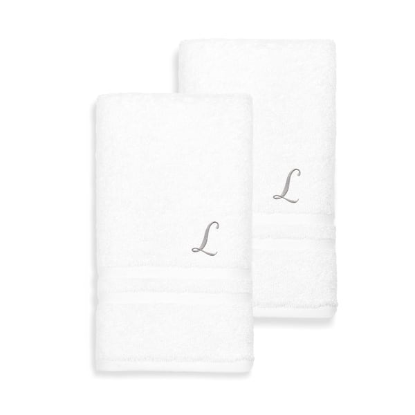 slide 2 of 3, Authentic Hotel and Spa Omni Turkish Cotton Terry Set of 2 White Hand Towels with Grey Script Monogrammed Initial