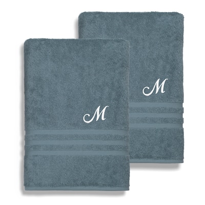 Authentic Hotel and Spa Omni Turkish Cotton Terry Set of 2 Medium Blue Bath Towels with White Script Monogrammed Initial