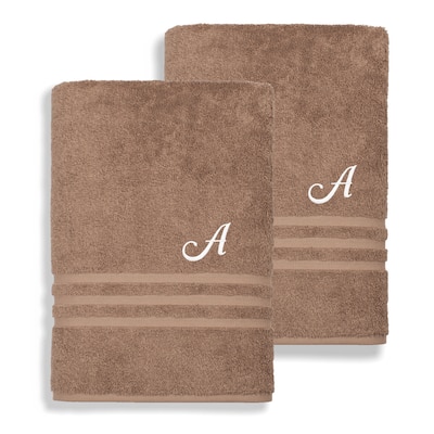 Authentic Hotel and Spa Omni Turkish Cotton Terry Set of 2 Latte Brown Bath Towels with White Script Monogrammed Initial