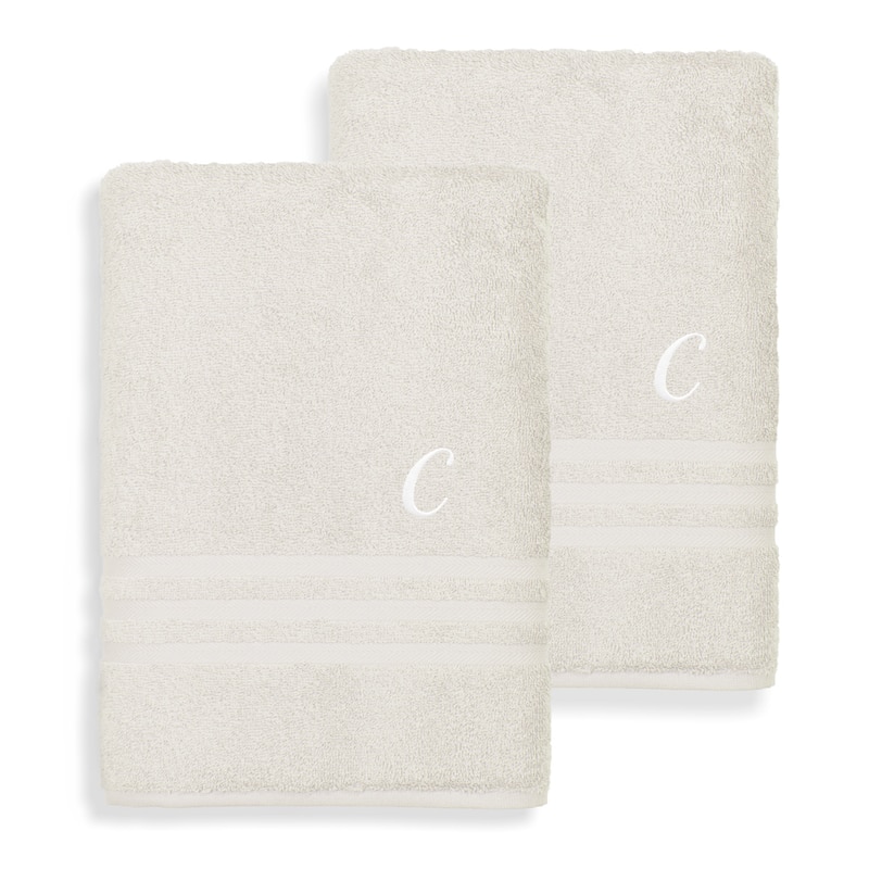 Authentic Hotel and Spa Omni Turkish Cotton Terry Set of 2 Cream Bath Towels with White Script Monogrammed Initial